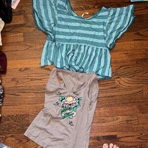 Free People Teal and Navy Striped Scoop Neck Tank
